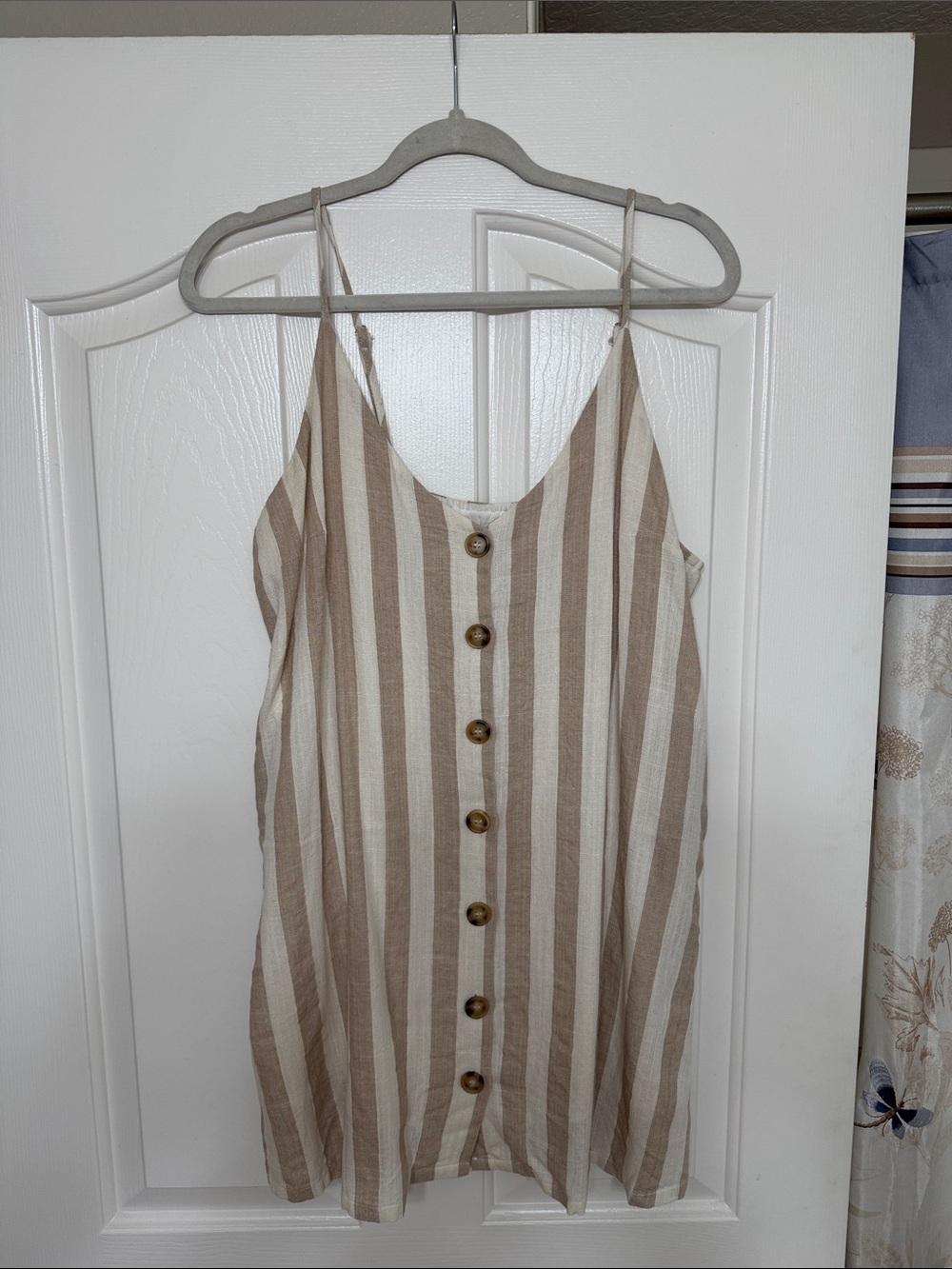 Pink Lily Beige and White Striped Button-Front Mini Dress